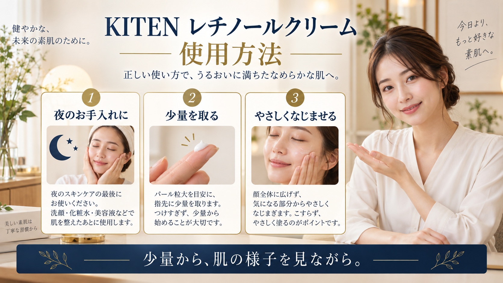 KITEN レチノールクリーム 使用方法を3ステップで示すアイキャッチ