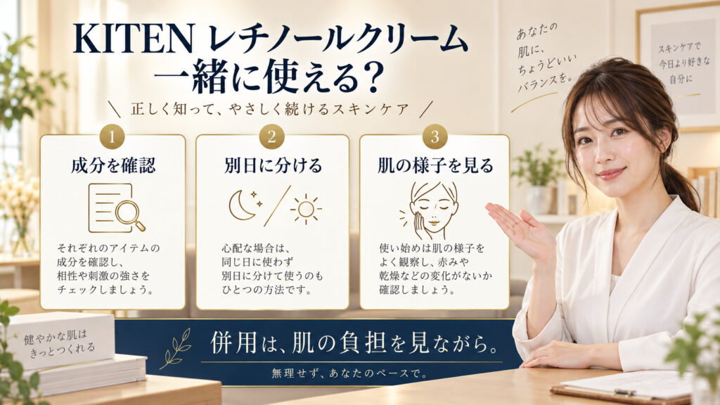 KITEN レチノールクリーム 一緒に使えるを3ステップで示すアイキャッチ