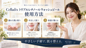 Celladix トリプルレチノールウォッシュピール 使用方法を3ステップで示すアイキャッチ