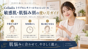 Celladix トリプルレチノールウォッシュピール 肌悩み別を3ステップで示すアイキャッチ