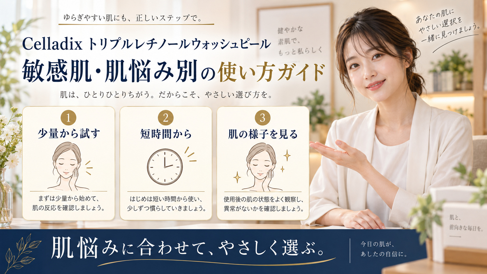 Celladix トリプルレチノールウォッシュピール 肌悩み別を3ステップで示すアイキャッチ