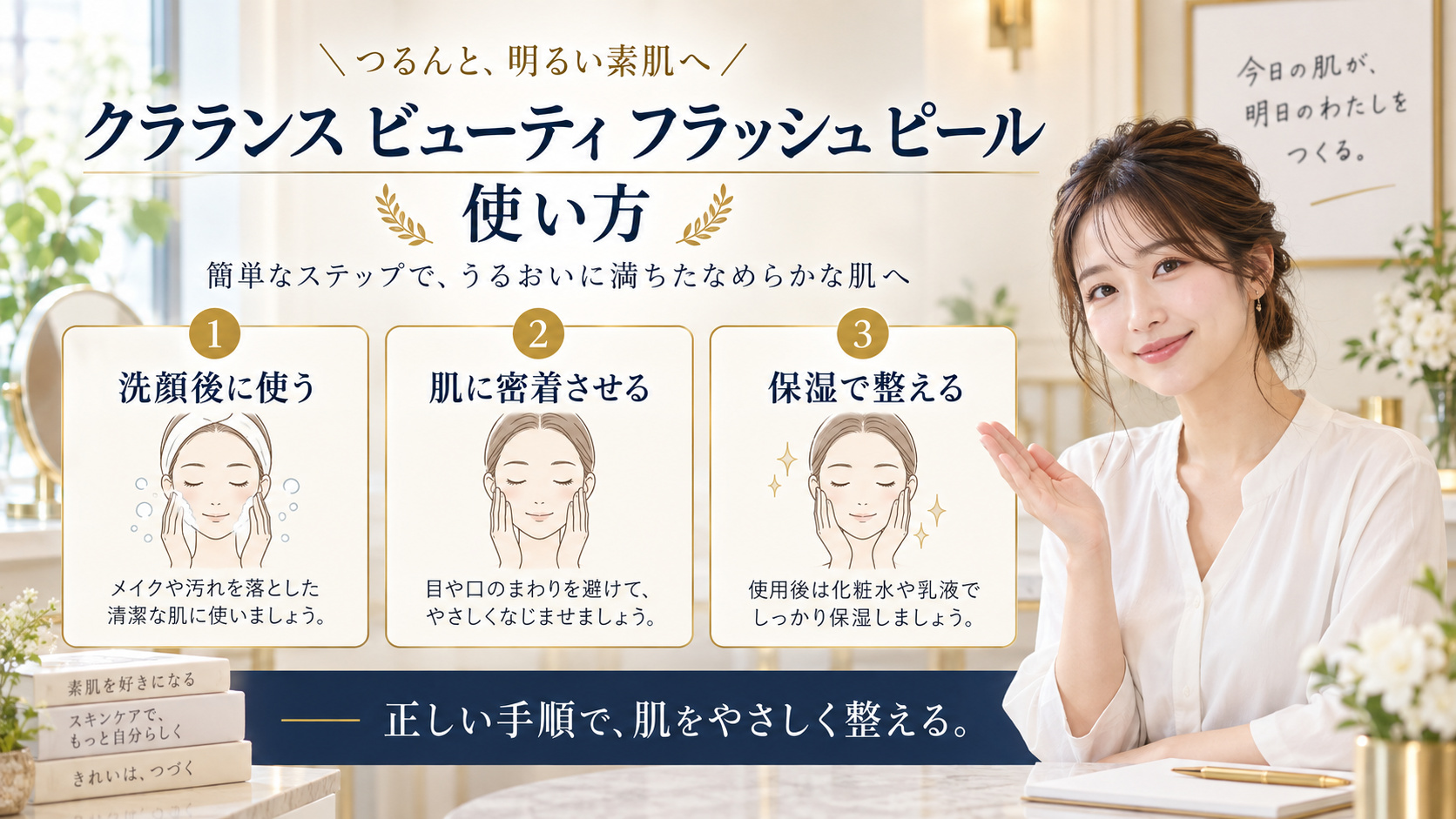 クラランス ビューティ フラッシュ ピール 使い方を3ステップで示すアイキャッチ