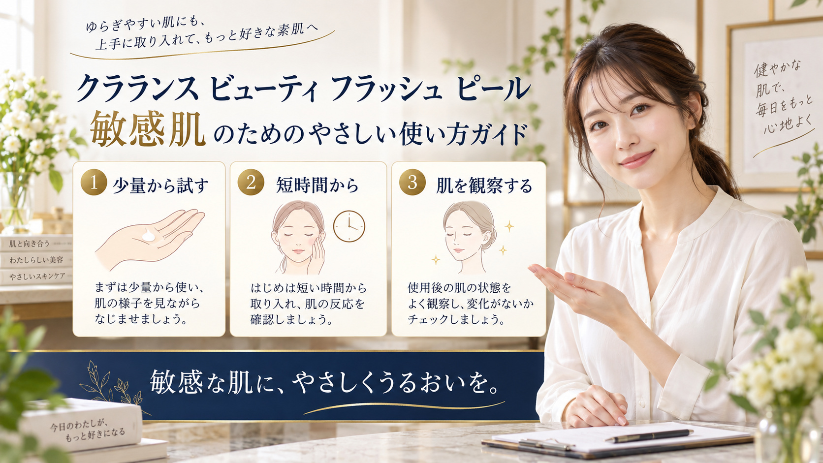 クラランス ビューティ フラッシュ ピール 敏感肌を3ステップで示すアイキャッチ