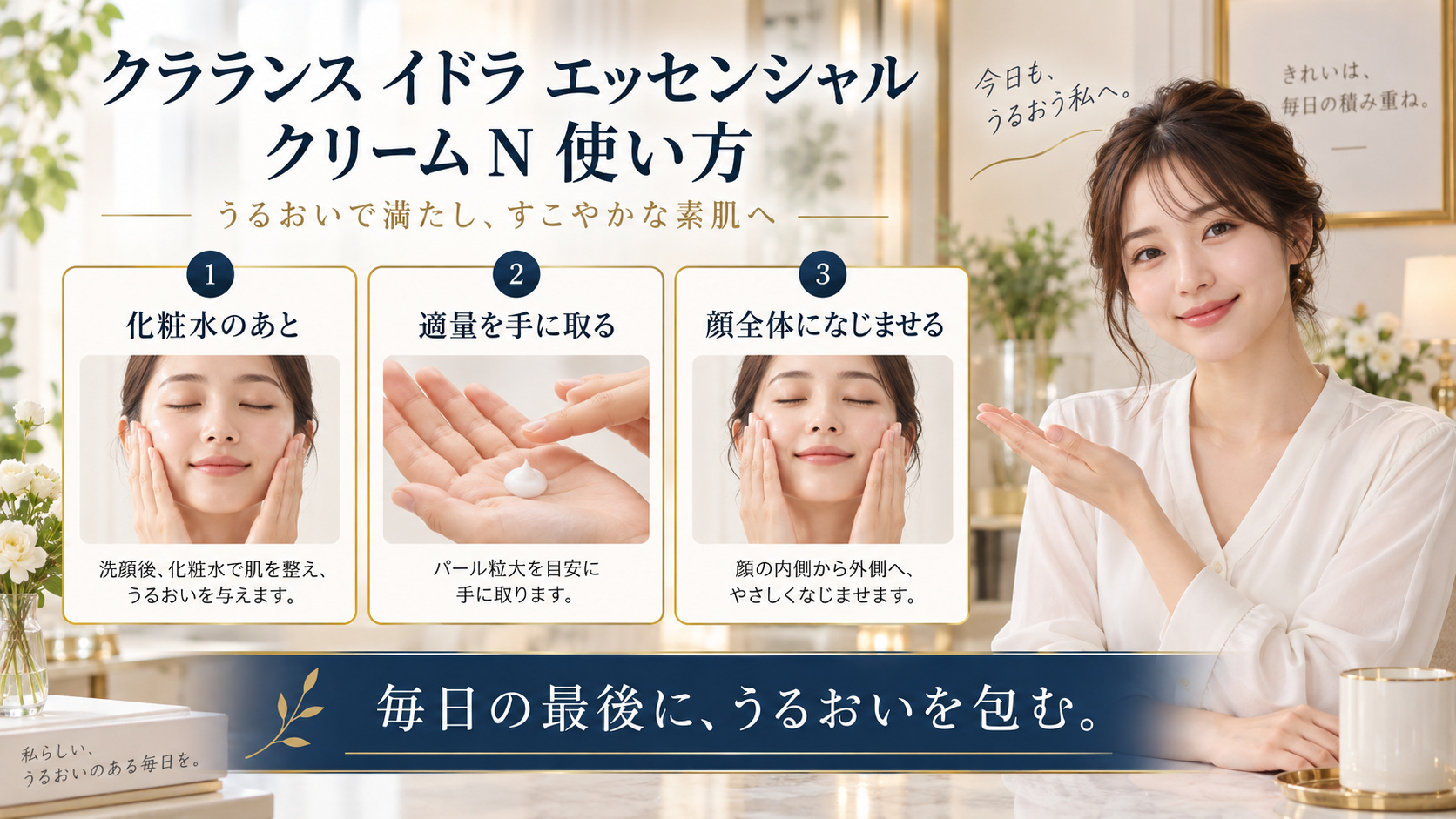 クラランス イドラ エッセンシャル クリーム N 使い方を3ステップで示すアイキャッチ