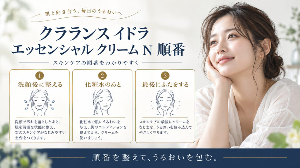 クラランス イドラ エッセンシャル クリーム N 順番を3ステップで示すアイキャッチ