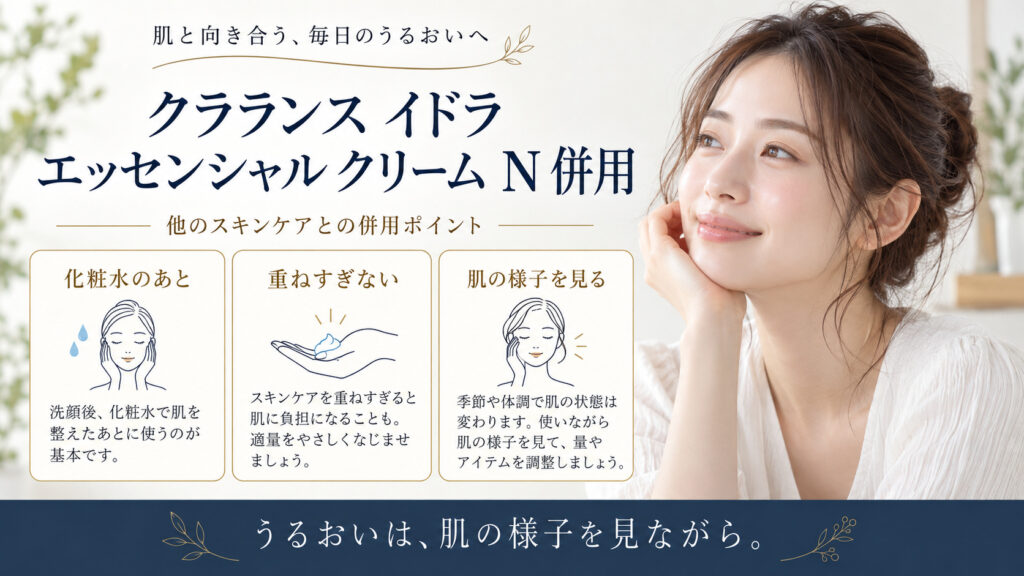 クラランス イドラ エッセンシャル クリーム N 併用を3ステップで示すアイキャッチ