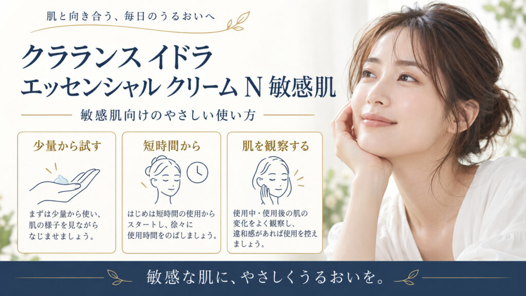 クラランス イドラ エッセンシャル クリーム N 敏感肌を3ステップで示すアイキャッチ