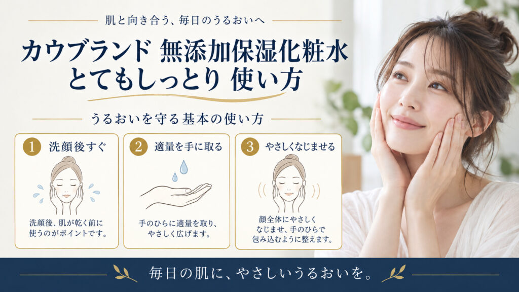 カウブランド 無添加保湿化粧水＜とてもしっとり＞ 使い方を3ステップで示すアイキャッチ