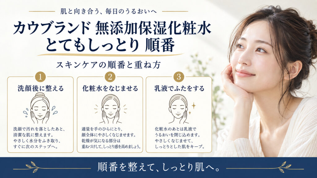 カウブランド 無添加保湿化粧水＜とてもしっとり＞ 順番を3ステップで示すアイキャッチ