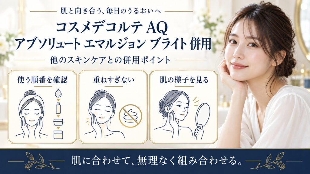 コスメデコルテ AQ アブソリュート エマルジョン ブライト 併用を3ステップで示すアイキャッチ