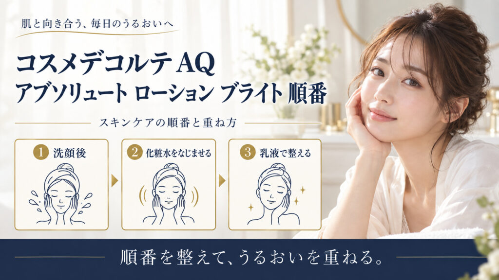 コスメデコルテ AQ アブソリュート ローション ブライト 順番を3ステップで示すアイキャッチ