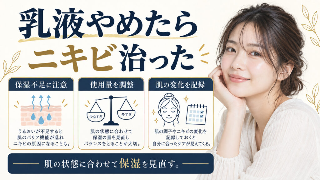 乳液やめたらニキビ治ったを3ステップで示すアイキャッチ