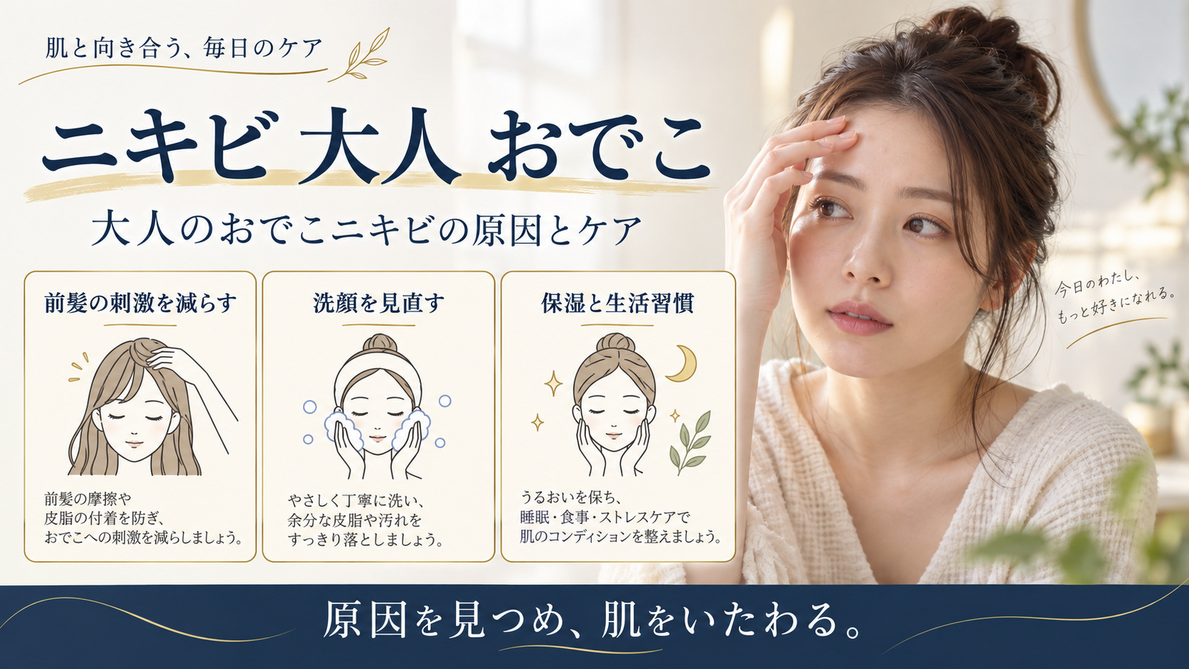 ニキビ 大人 おでこを3ステップで示すアイキャッチ