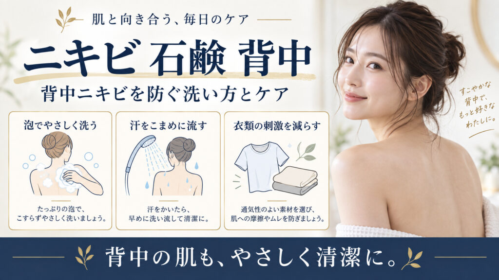 ニキビ 石鹸 背中を3ステップで示すアイキャッチ