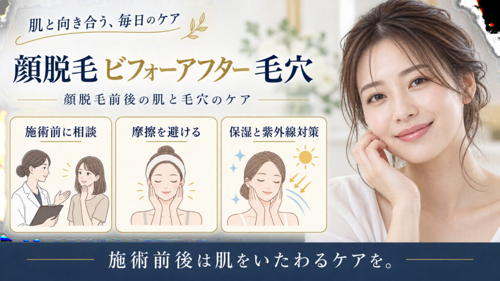 顔脱毛 ビフォーアフター 毛穴を3ステップで示すアイキャッチ