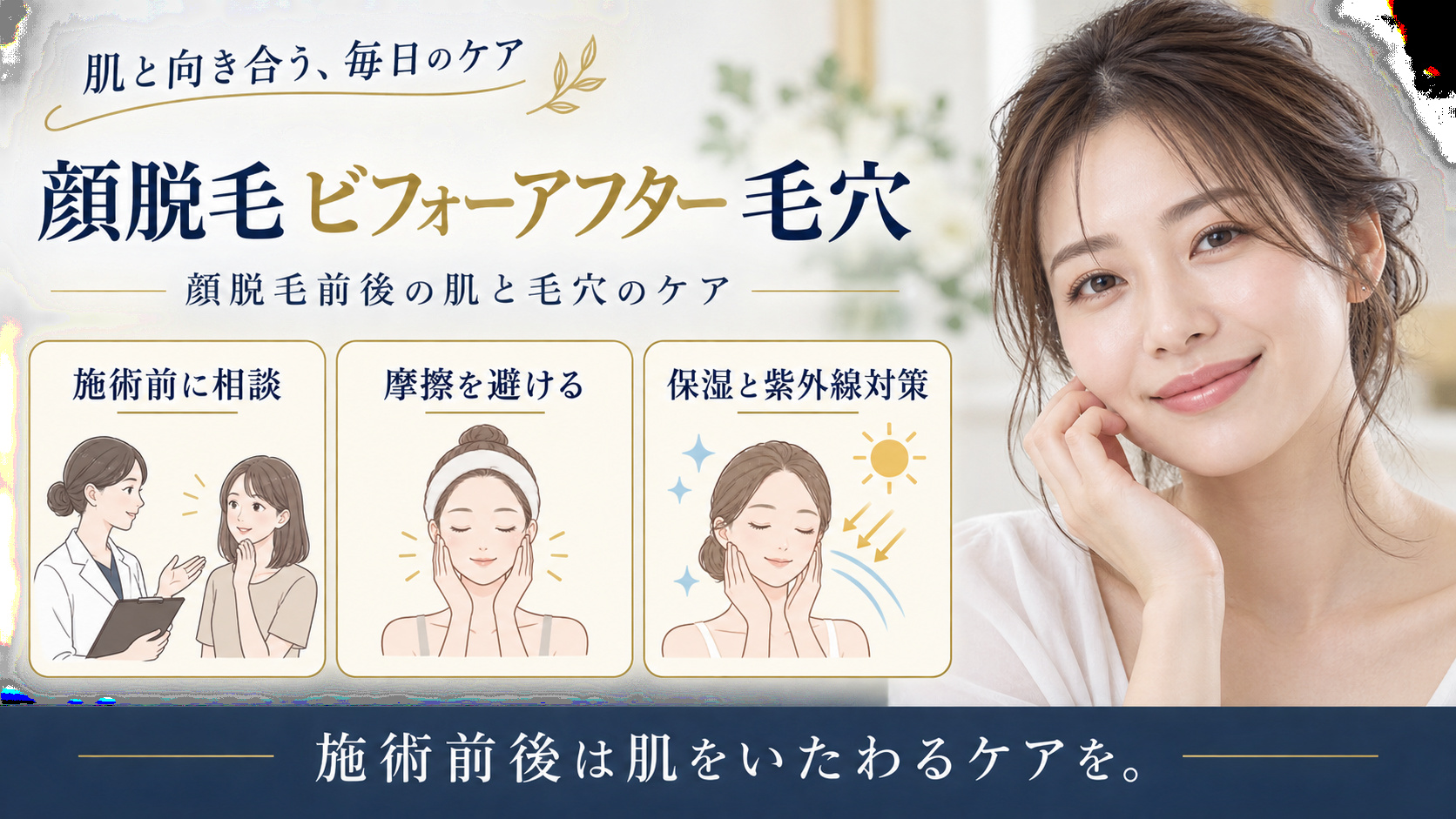 顔脱毛 ビフォーアフター 毛穴を3ステップで示すアイキャッチ