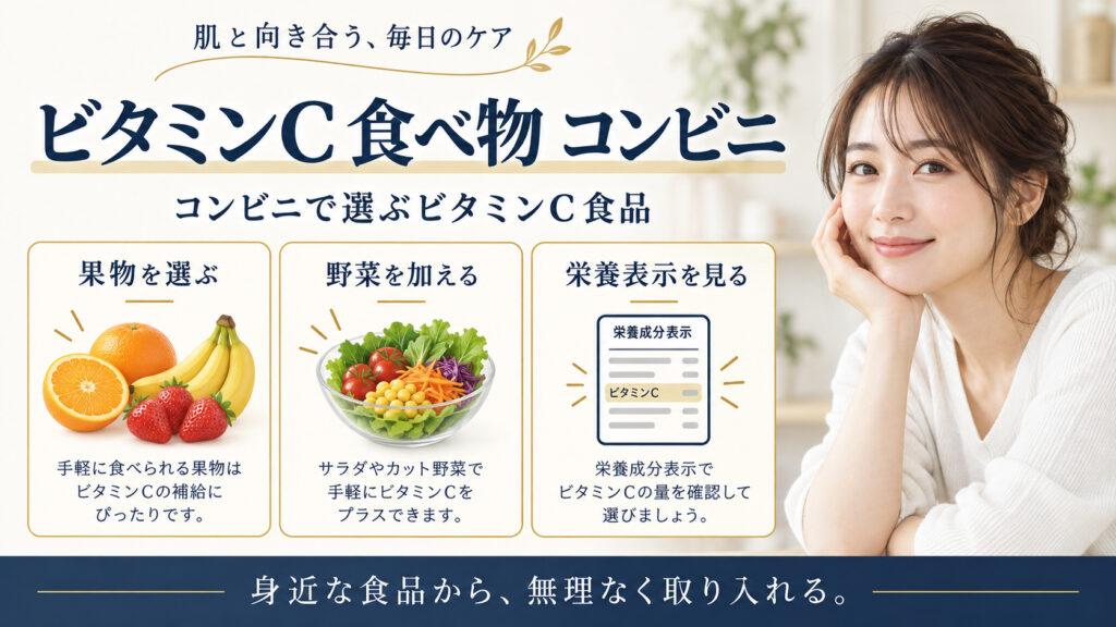 ビタミンc 食べ物 コンビニを3ステップで示すアイキャッチ