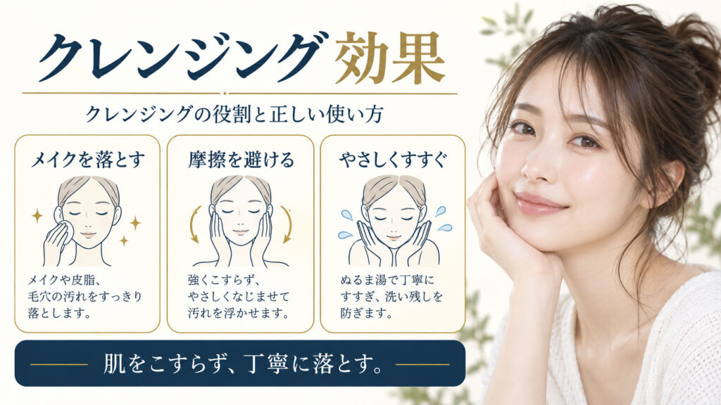 クレンジングの効果を3ステップで示すアイキャッチ