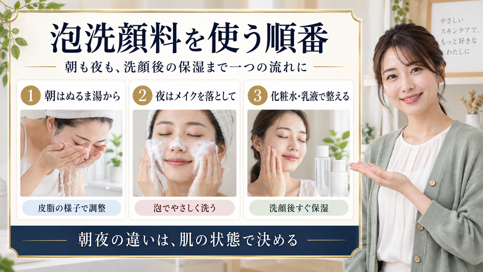 キュレル 潤浸保湿 泡洗顔料を使う朝夜の順番を3ステップで解説するアイキャッチ
