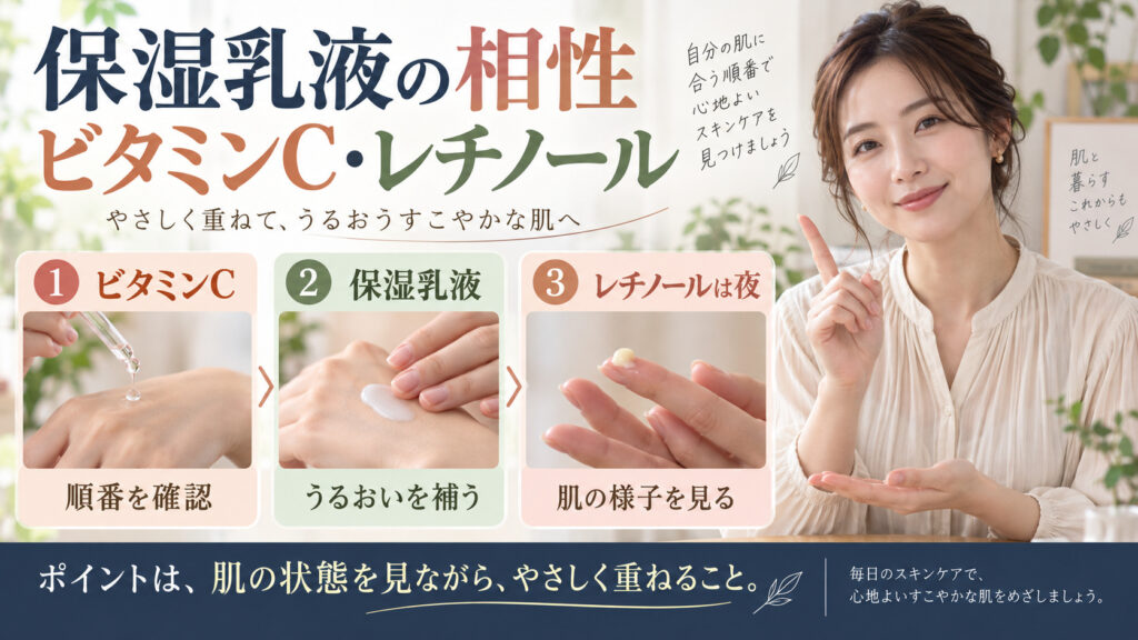 カウブランド無添加 保湿乳液とビタミンC・レチノールの重ね方を解説するアイキャッチ