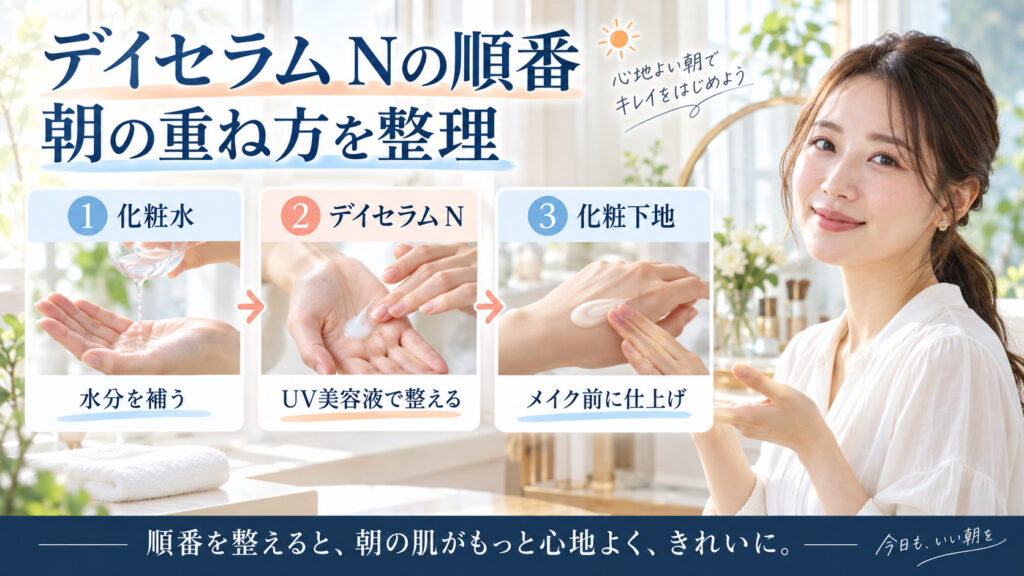 アネッサ デイセラム Nと化粧水・化粧下地の朝の順番を3ステップで解説するアイキャッチ