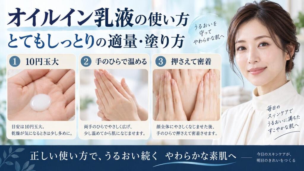 アクアレーベル オイルイン乳液の適量と塗り方を3ステップで解説するアイキャッチ