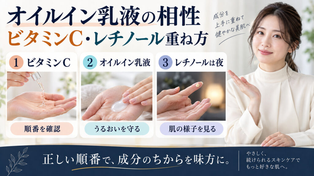 アクアレーベル オイルイン乳液とビタミンC・レチノールの重ね方を解説するアイキャッチ