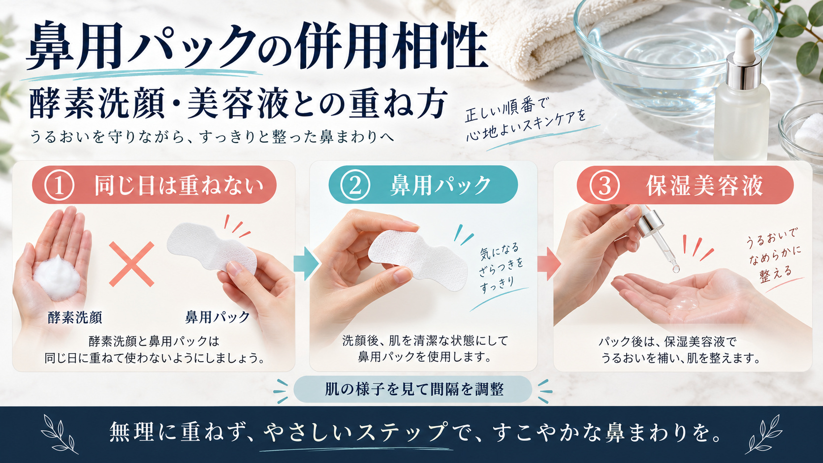 ビオレ鼻用パックと酵素洗顔・美容液の併用相性を3ステップで解説するアイキャッチ