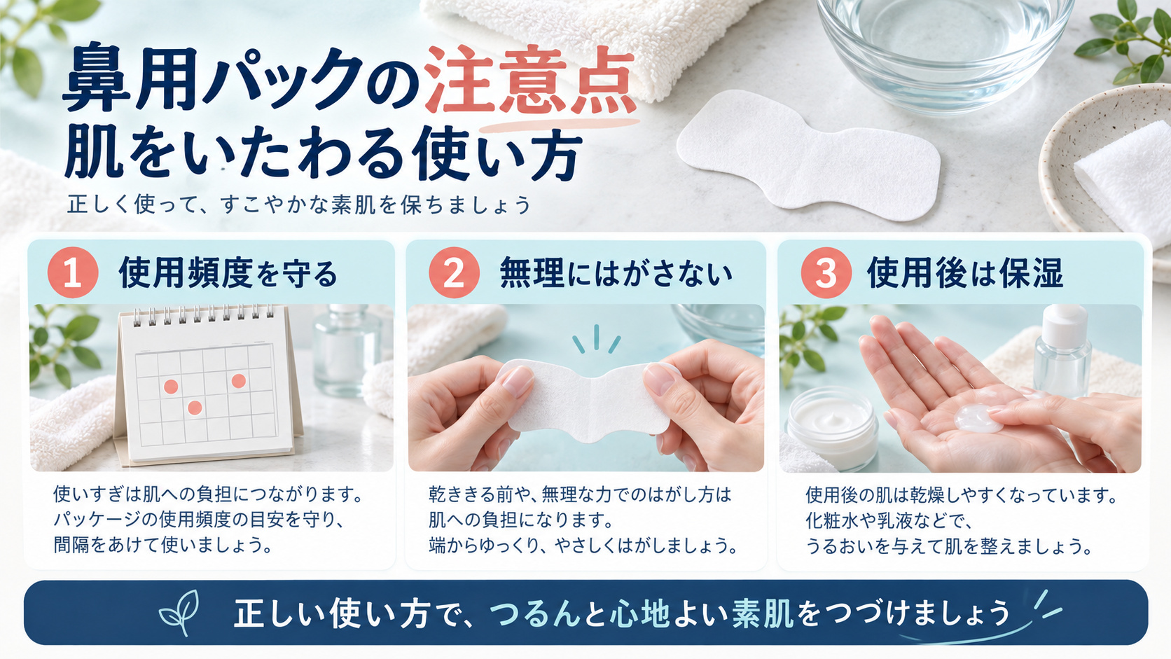 ビオレ鼻用パックの使用頻度・はがし方・保湿の注意点を解説するアイキャッチ