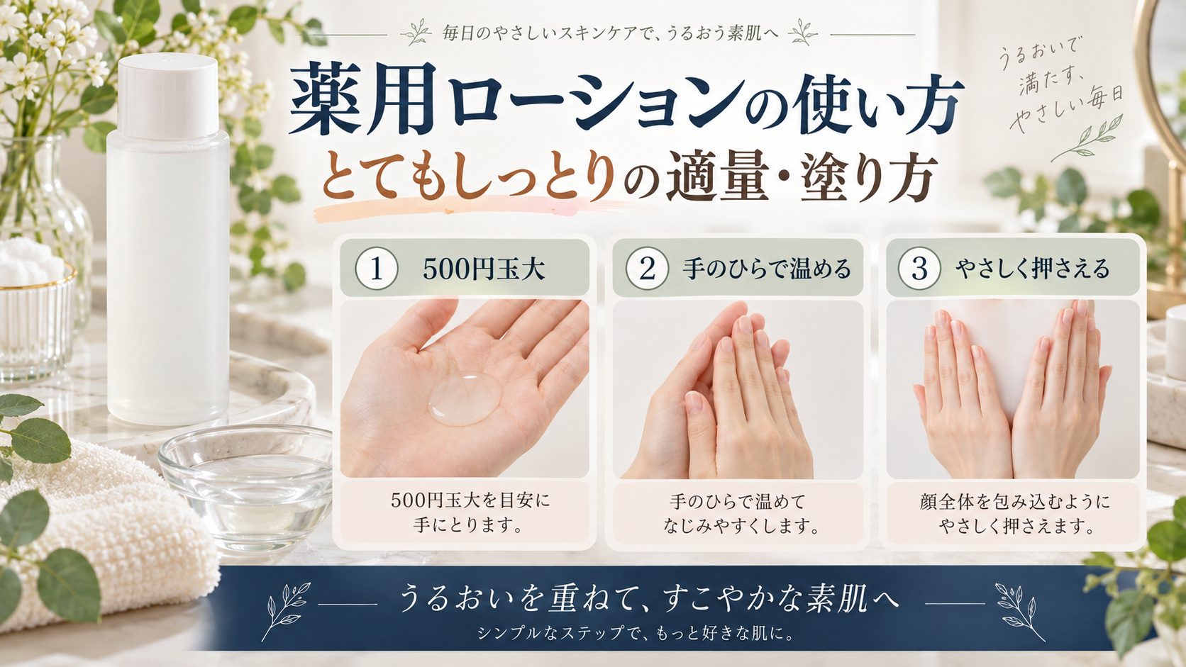 イハダ薬用ローションの適量と使い方を3ステップで解説するアイキャッチ