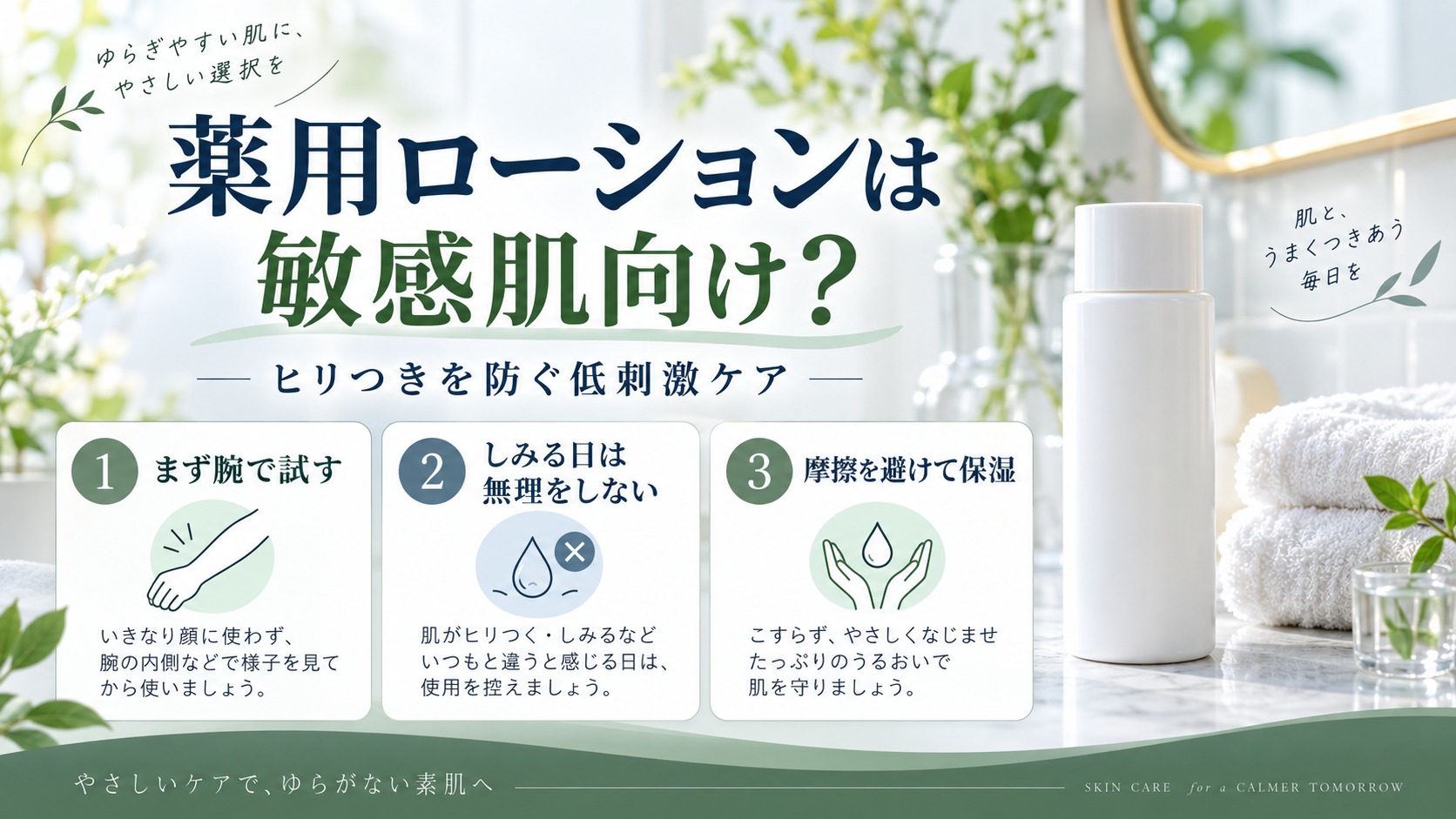 敏感肌で薬用ローションを使う際の試し方と保湿を示すアイキャッチ