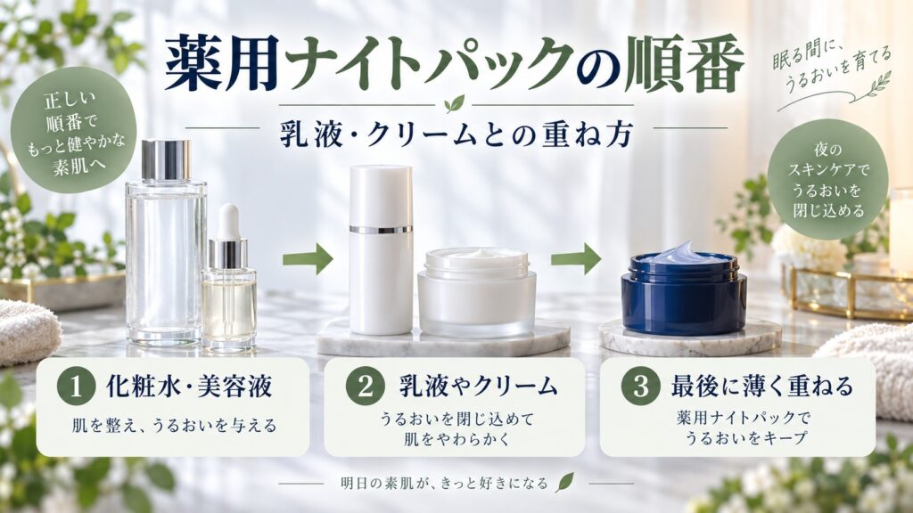 化粧水から乳液やクリーム、薬用ナイトパックへ重ねる順番のアイキャッチ