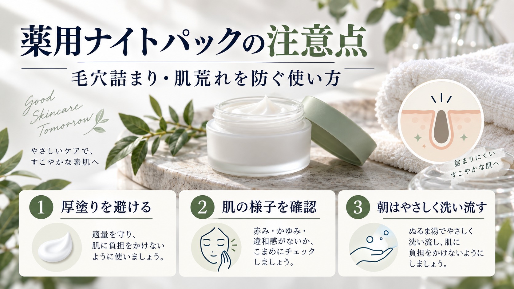 薬用ナイトパックを厚塗りせず朝やさしく洗い流す注意点のアイキャッチ
