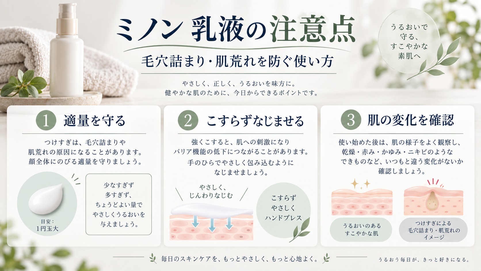 乳液の適量を守りこすらず使って肌の変化を確認する注意点のアイキャッチ