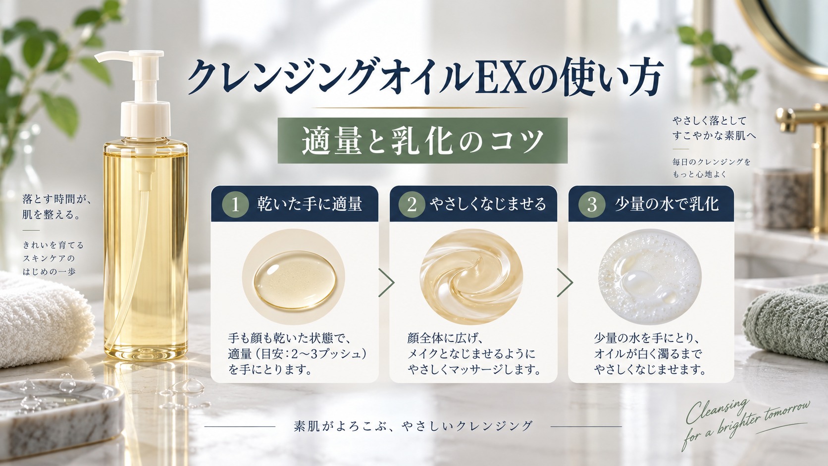 クレンジングオイルの適量となじませ方、乳化の手順を示すアイキャッチ