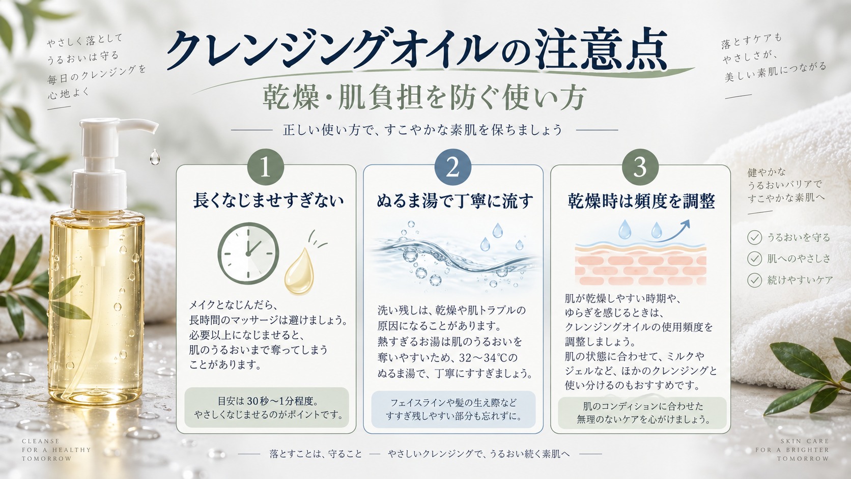 クレンジングオイルを長くなじませすぎず乾燥時は頻度を調整する注意点のアイキャッチ