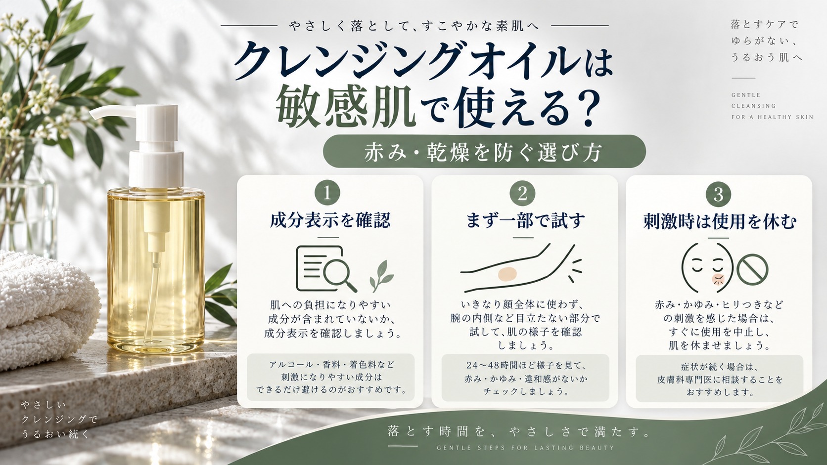 クレンジングオイルの成分を確認し敏感肌では一部から試す手順のアイキャッチ