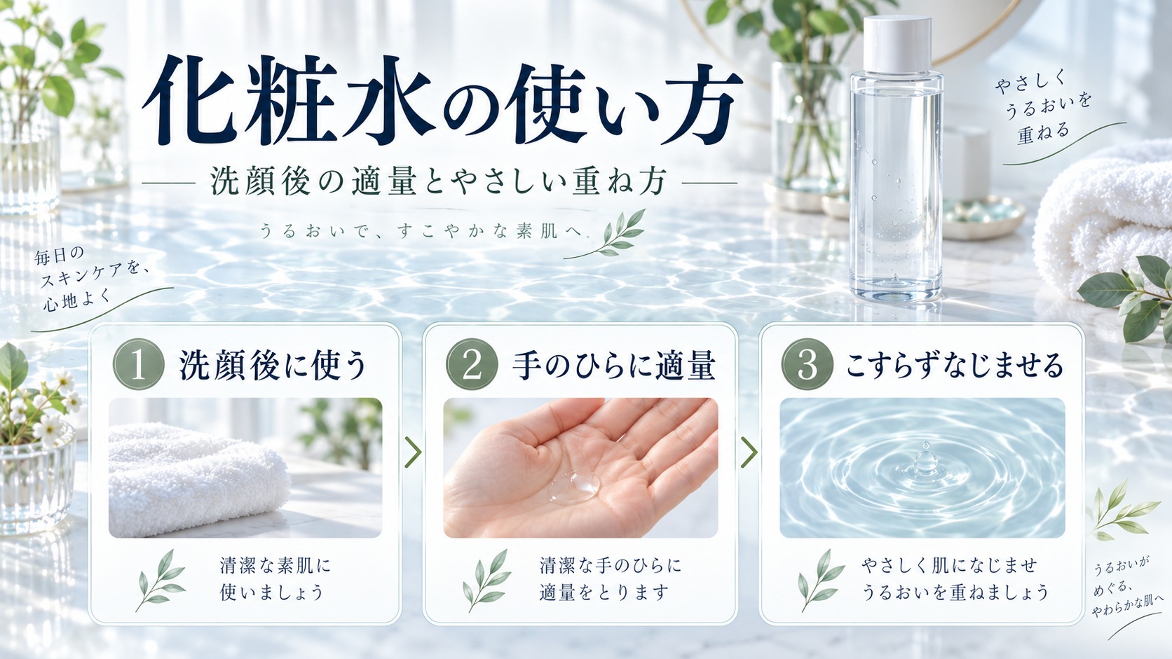 化粧水を洗顔後に手のひらでやさしく重ねる手順のアイキャッチ