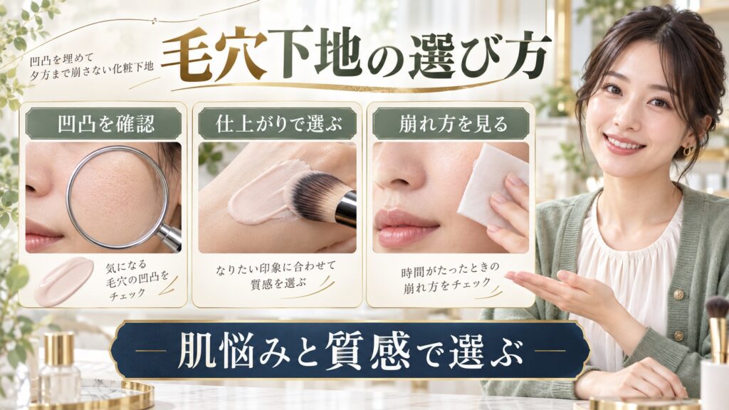 毛穴下地おすすめの選び方｜凹凸を埋めて夕方まで崩さない化粧下地 アイキャッチ