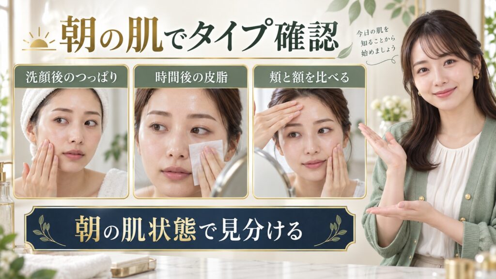 乾燥肌と脂性肌の見分け方｜朝起きたときの皮脂・水分セルフ診断 アイキャッチ