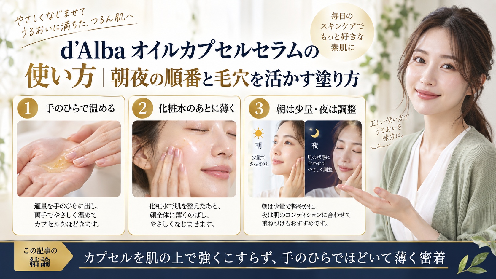 d’Albaオイルカプセルセラムの使い方と朝夜の順番を示すアイキャッチ
