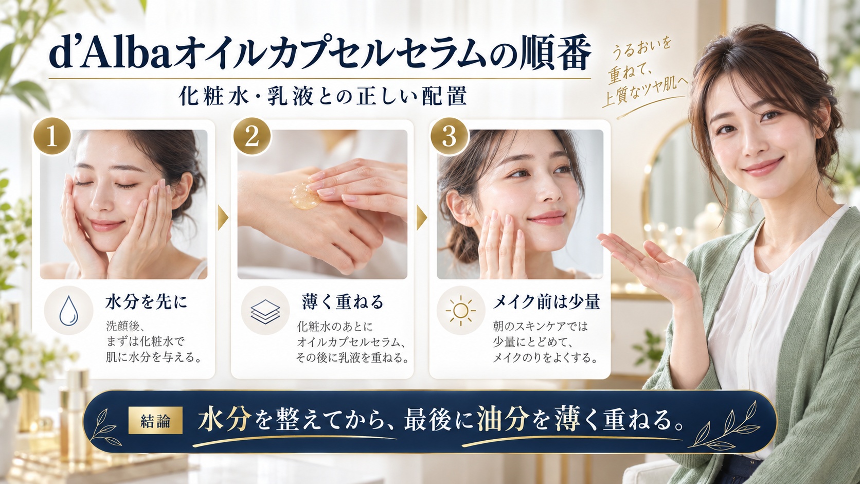 d’Albaオイルカプセルセラムの化粧水・乳液との順番を示すアイキャッチ