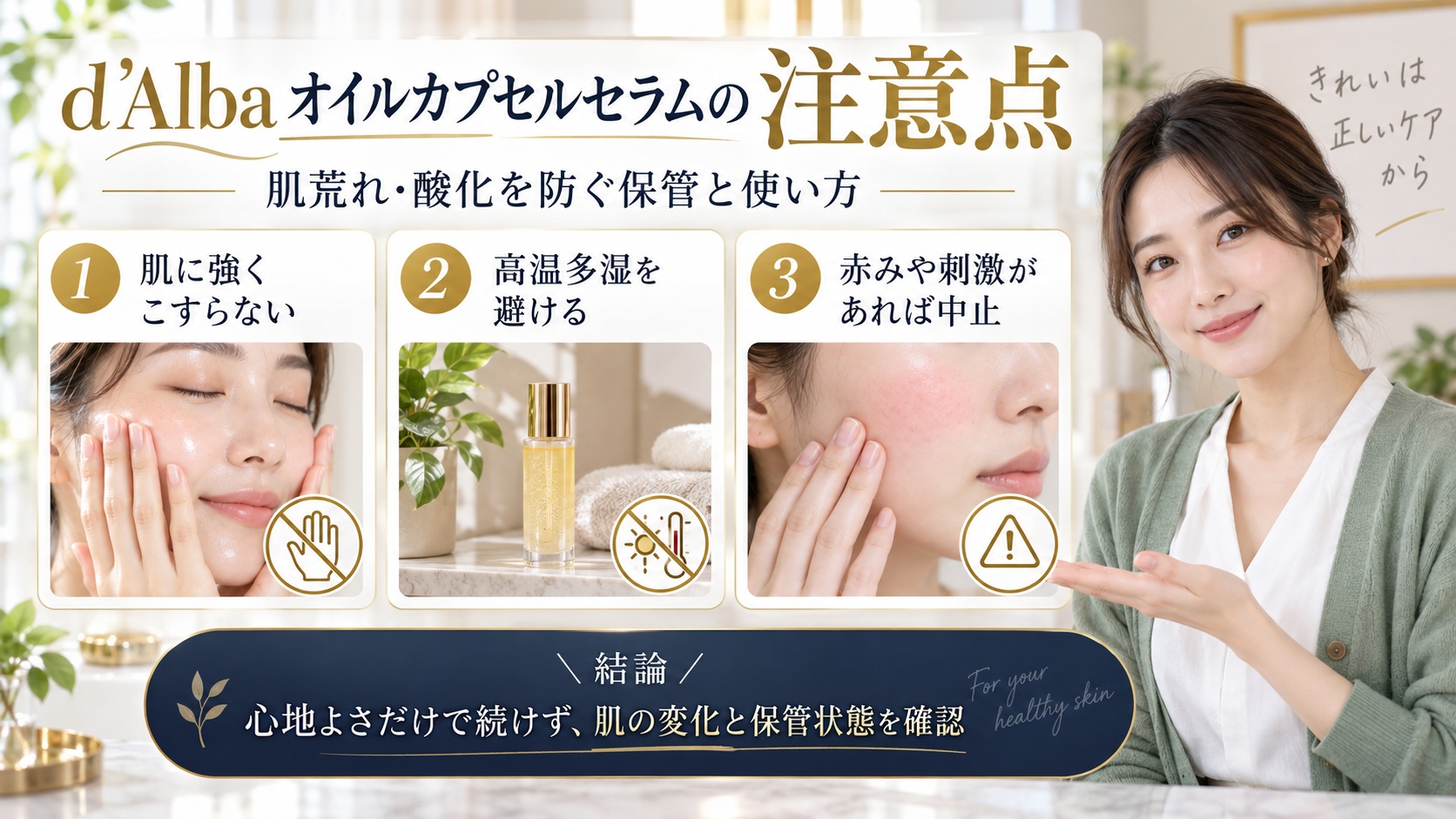d’Albaオイルカプセルセラムの注意点と保管方法を示すアイキャッチ