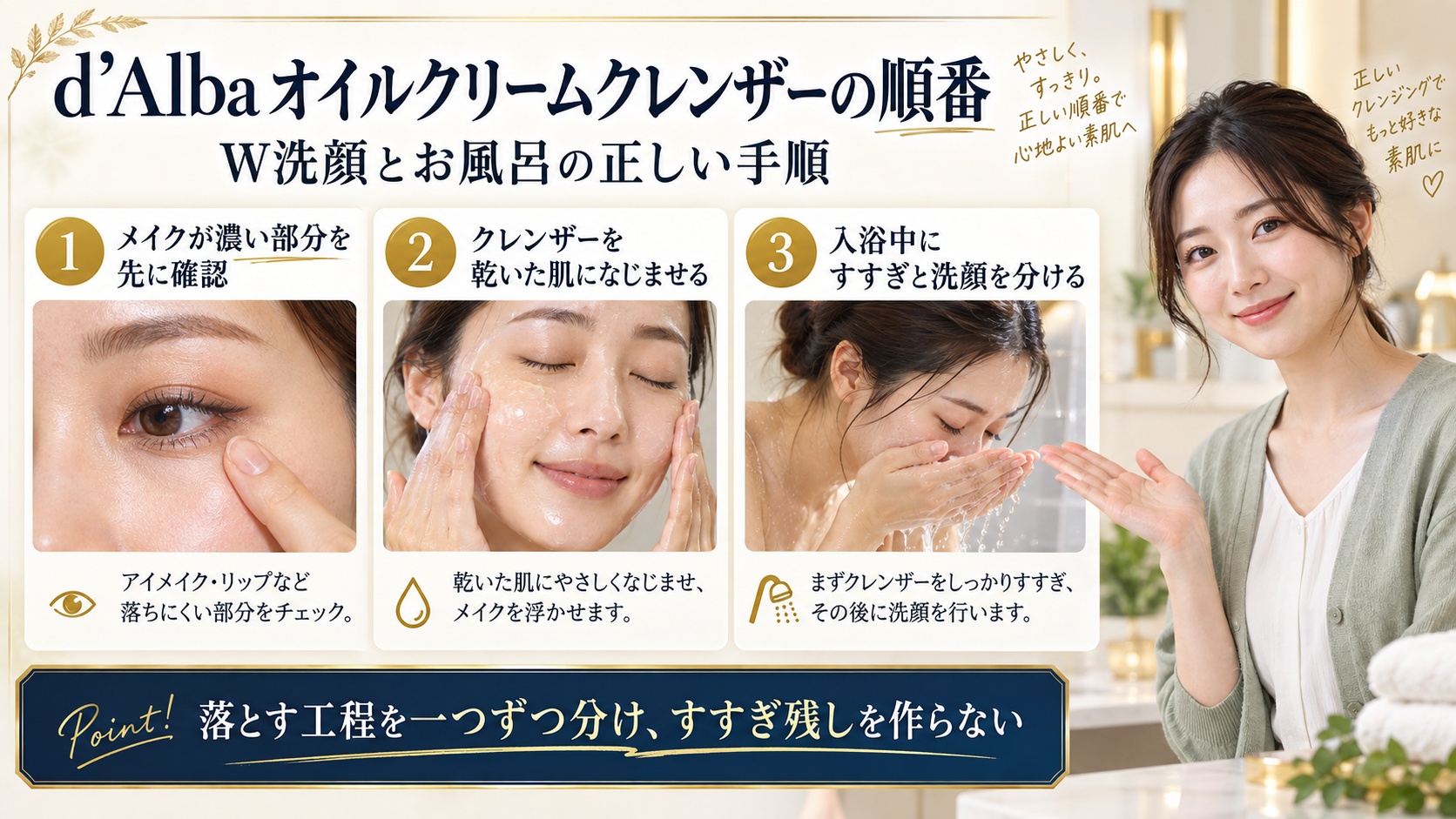 d’AlbaオイルクリームクレンザーとW洗顔・入浴の順番を示すアイキャッチ