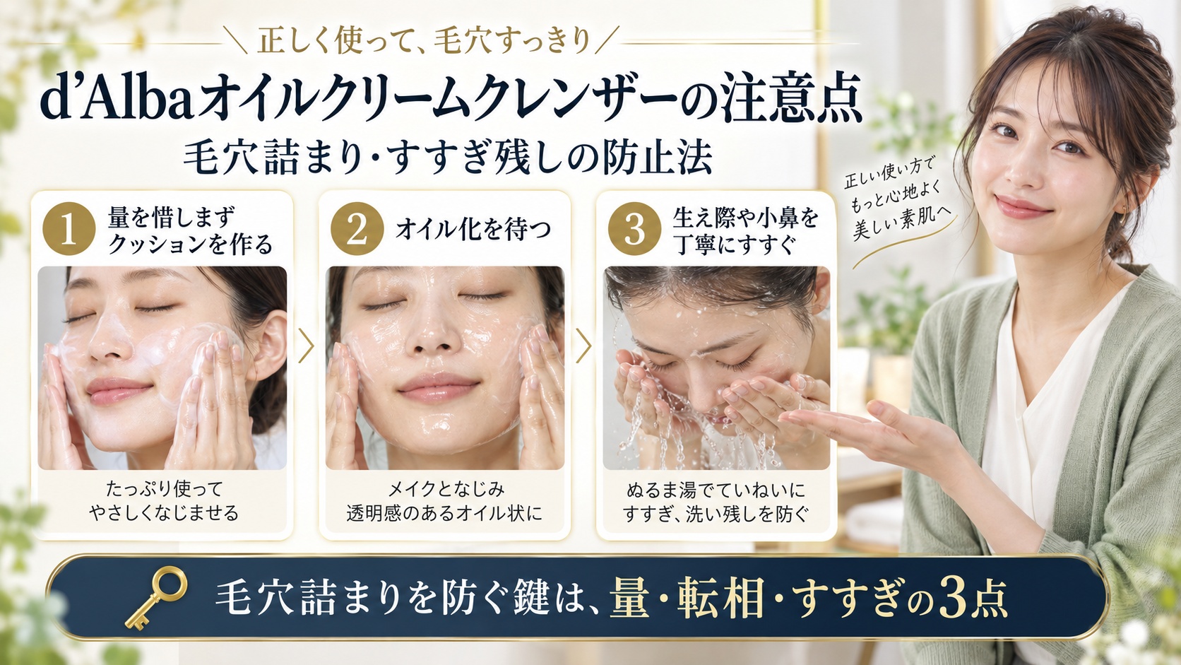 d’Albaオイルクリームクレンザーの量・オイル化・すすぎの注意点を示すアイキャッチ