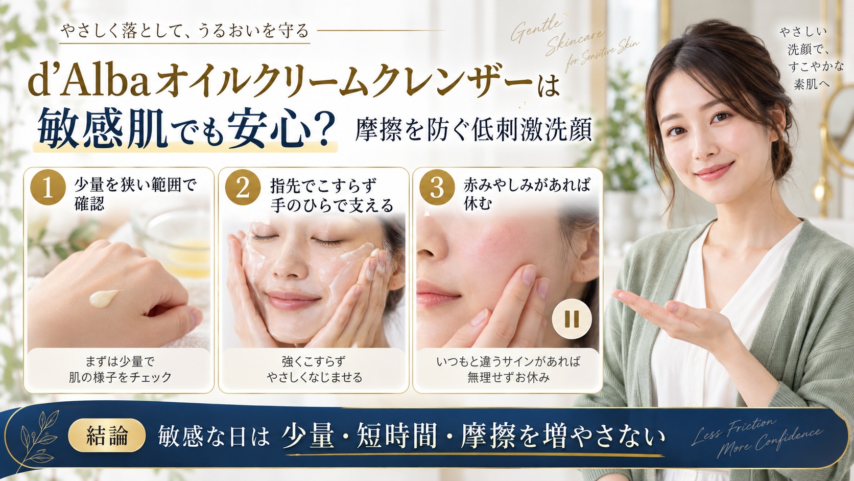 d’Albaオイルクリームクレンザーを敏感肌で使う確認手順を示すアイキャッチ