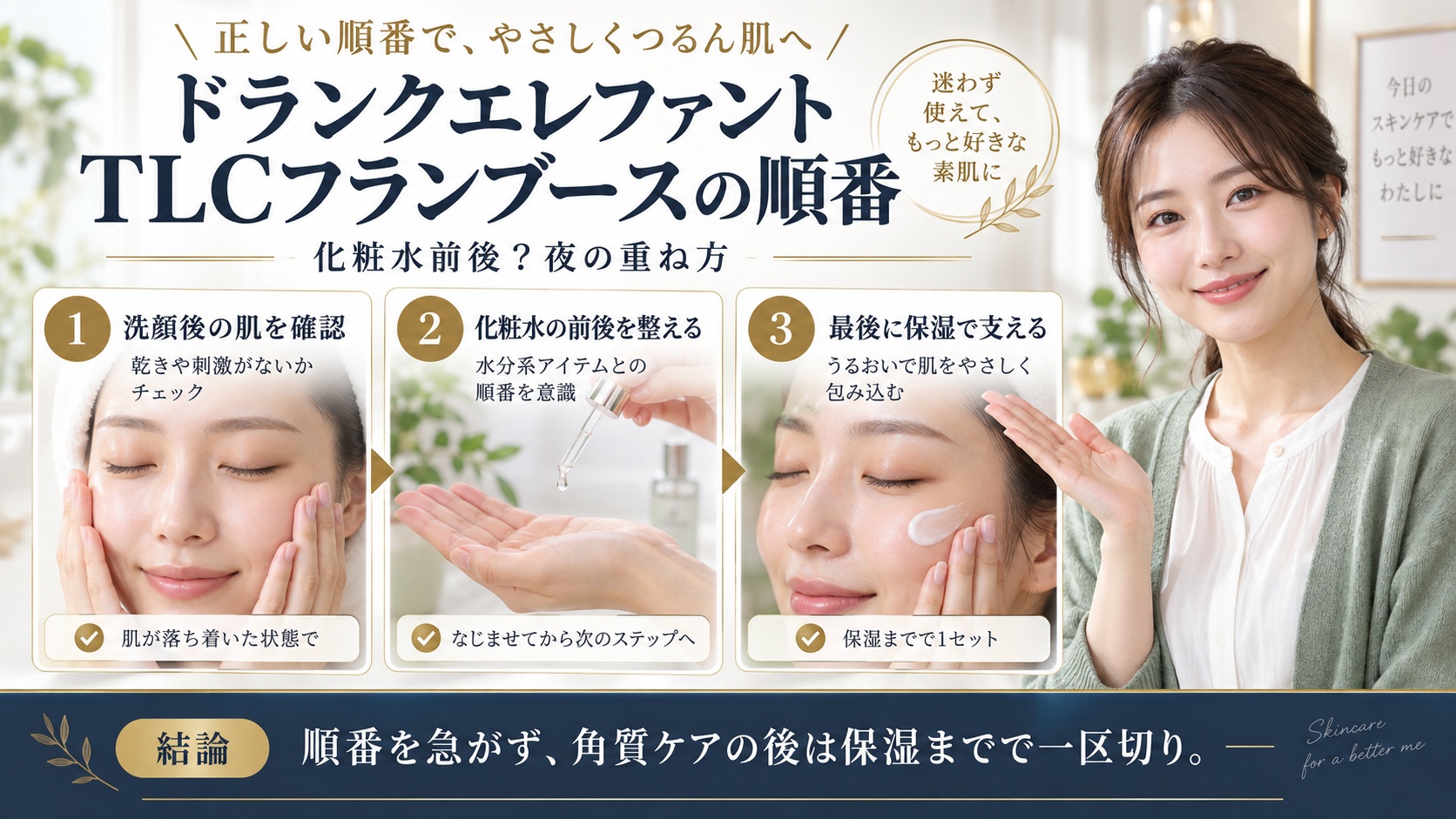 ドランクエレファントTLCフランブースの夜の使用順と保湿を示すアイキャッチ