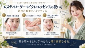 エスティローダーマイクロエッセンスの朝夜の使い方とハンドプレスを示すアイキャッチ