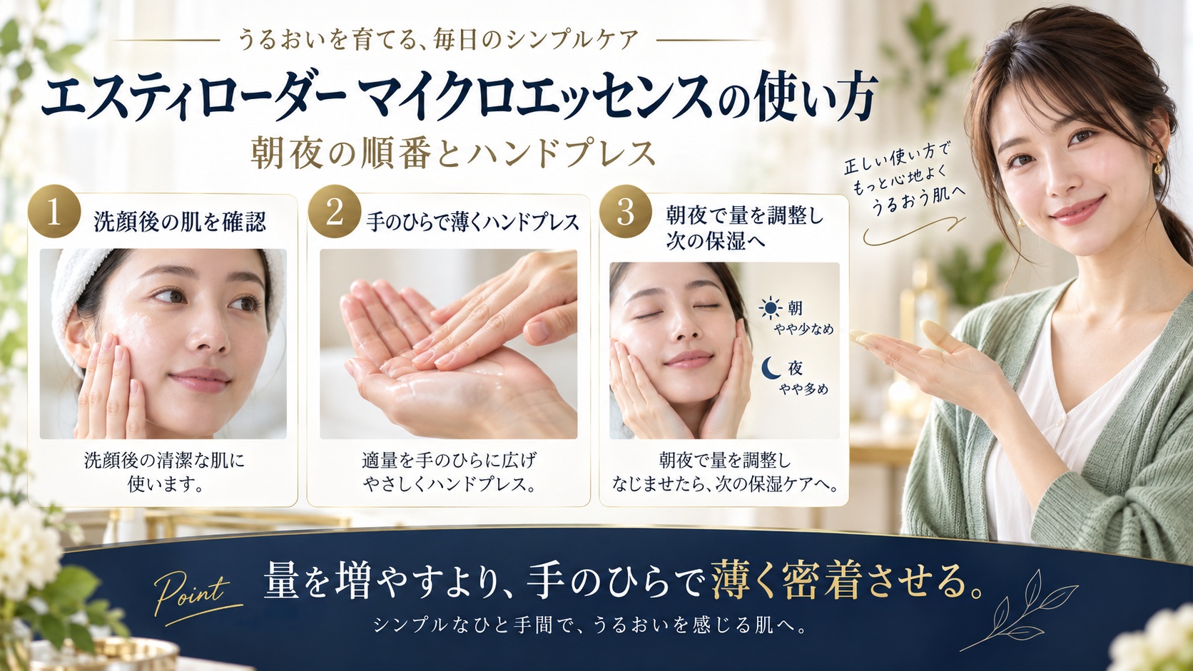 エスティローダーマイクロエッセンスの朝夜の使い方とハンドプレスを示すアイキャッチ