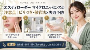 エスティローダーマイクロエッセンスの刺激・保管・量の注意点を示すアイキャッチ